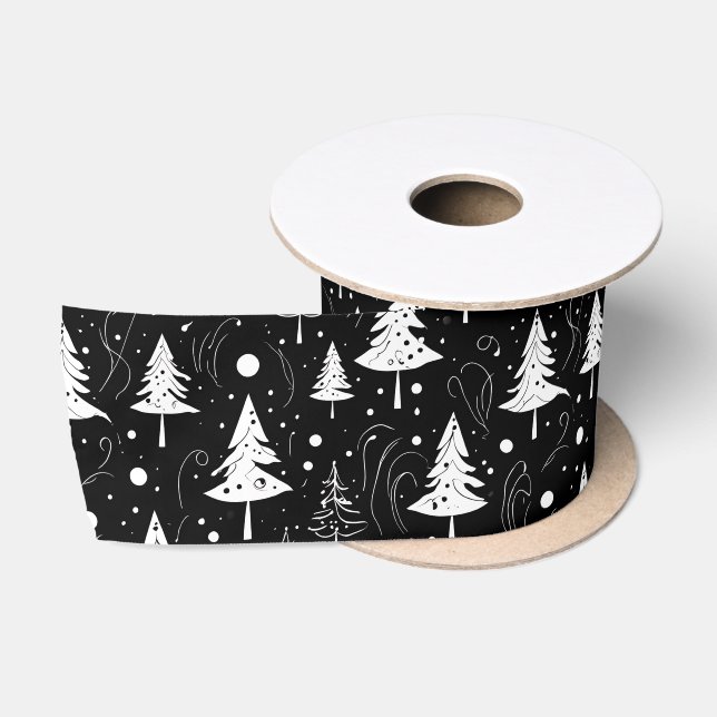 Ruban En Satin Arbres de Noël modernes noirs et blancs (Bobine)