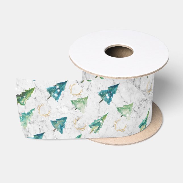 Ruban En Satin Arbres de Noël modernes Vert et marbre (Bobine)