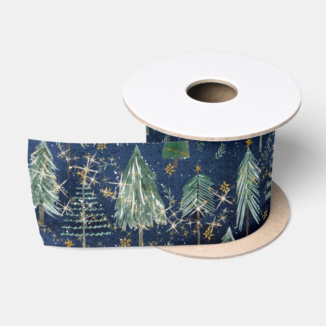 Ruban En Satin Arbres de Noël Or Twinkle Stars Marine Bleu Bois (Bobine)