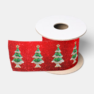Ruban En Satin Arbres de Noël sur Parties scintillant rouges