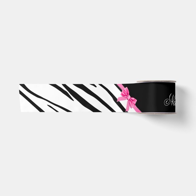 Ruban En Satin Arc rose rayé personnalisé de zèbre nommé (Devant)