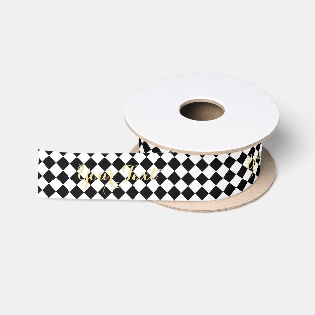Ruban En Satin Arlequin blanc noir Motif Personnalisé Texte éléga (Bobine)