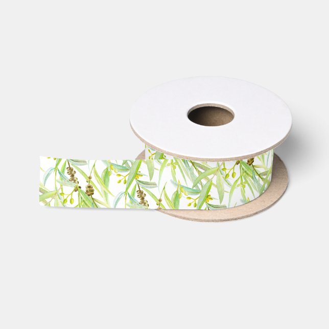 Ruban En Satin Art vert d'aquarelle de feuille d'eucalyptus (Bobine)