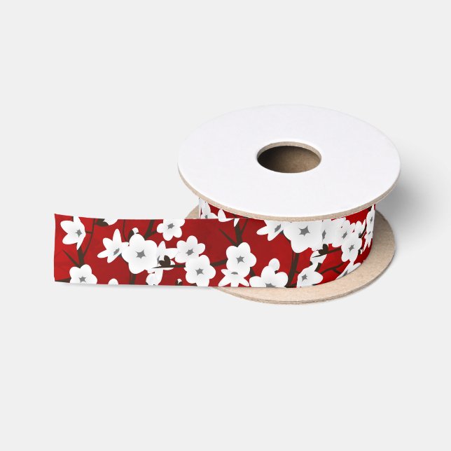 Ruban En Satin Asie Floral blanc cerisier rouge (Bobine)