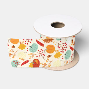 Ruban En Satin Automne Citrouille et Motif Feuille Satin Ribbon