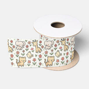 Ruban En Satin Baby Safari Faune Avec Fleurs De Doodle
