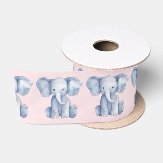 Ruban En Satin Baby shower mignon aquarelle bleu éléphant (Bobine)