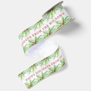 Ruban En Satin Baies rouges houx vert aquarelle Noël