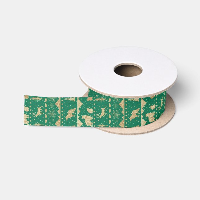 Ruban En Satin Balayage nordique Or Animaux d'hiver Forêt Vert (Bobine)