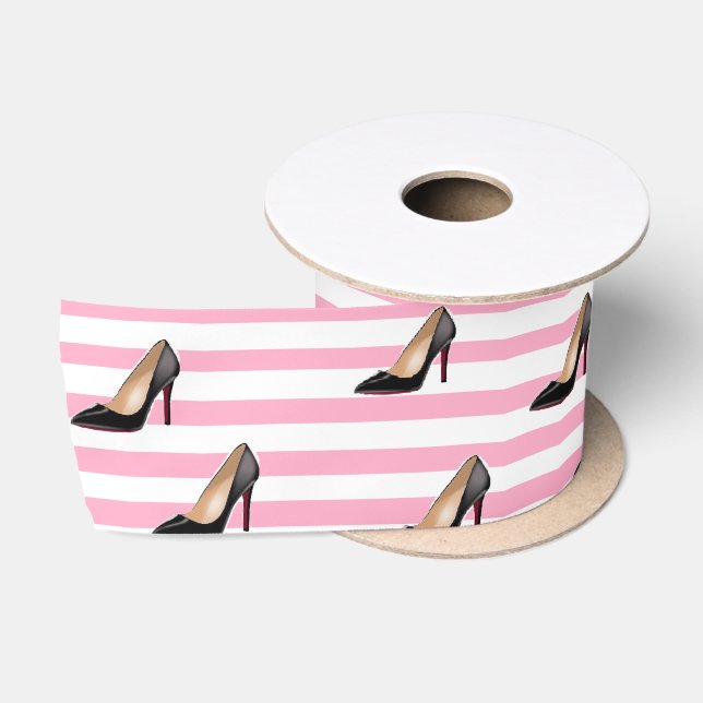Ruban En Satin Bande noire de stiletto rose (Bobine)