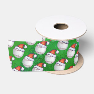 Ruban En Satin Baseball à Santa Hat Motif sur Vert