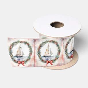 Ruban En Satin Bateau à voile Aquarelle dans une couronne de Noël