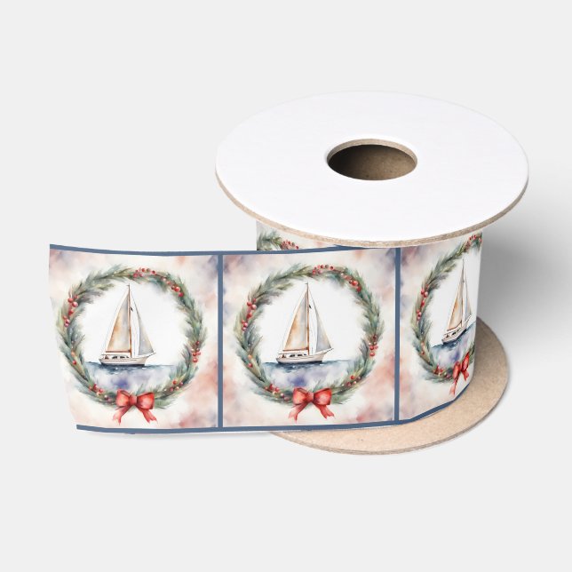 Ruban En Satin Bateau À Voile D'Aquarelle En Fer De Noël (Bobine)