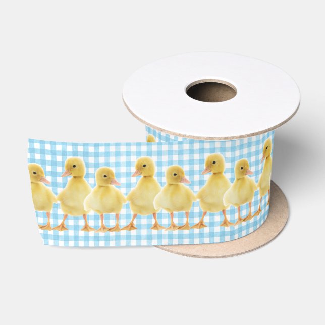 Ruban En Satin Bébé Canards Sur Aqua En vichy (Bobine)