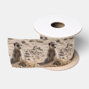 Ruban En Satin Bébé Meerkat Jouant Dans Le Sable,