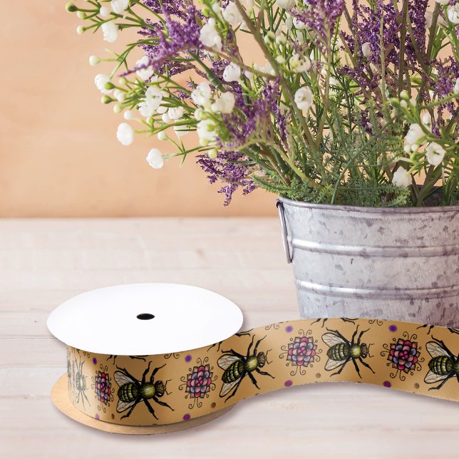 Ruban En Satin Bee miel et fleurs Beige naturel Rustique Floral (Créateur téléchargé)