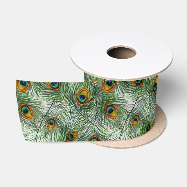 Ruban En Satin Belle plume verte de paon (Bobine)