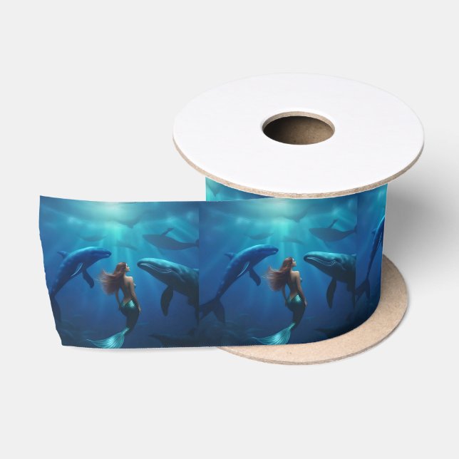 Ruban En Satin Belle Sirène Nager Avec Baleines À Bosse, (Bobine)