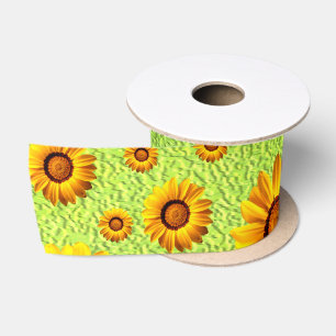 Ruban En Satin Belles fleurs jaunes sur vert abstrait