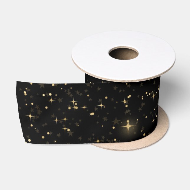 Ruban En Satin Black Elegant Celestial Starry Gold Stars Design (Bobine)