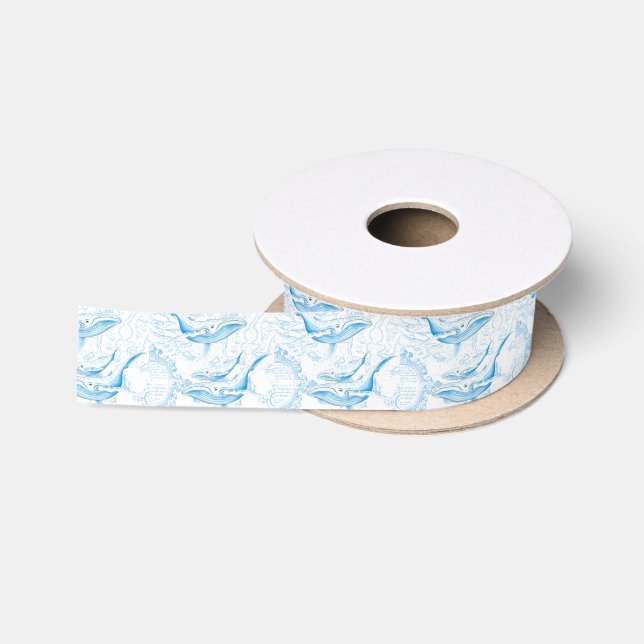 Ruban En Satin Blanc de famille de baleines bleues (Bobine)
