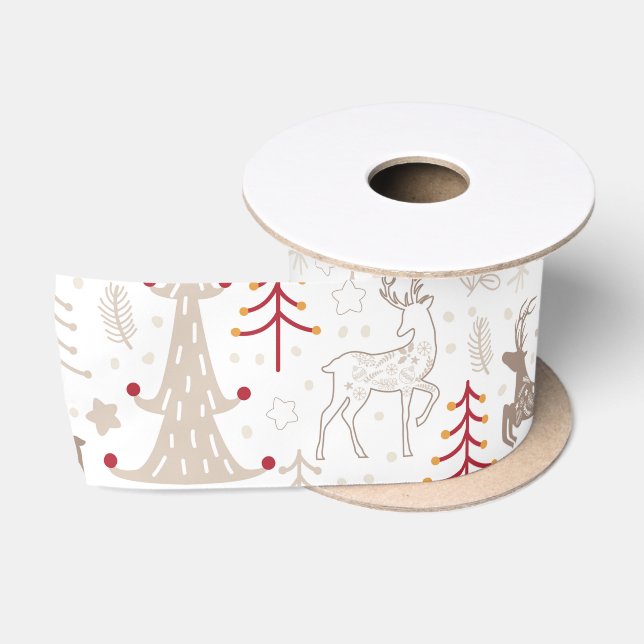 Ruban En Satin Blanc d'hiver, sapin de Noël et cerfs (Bobine)