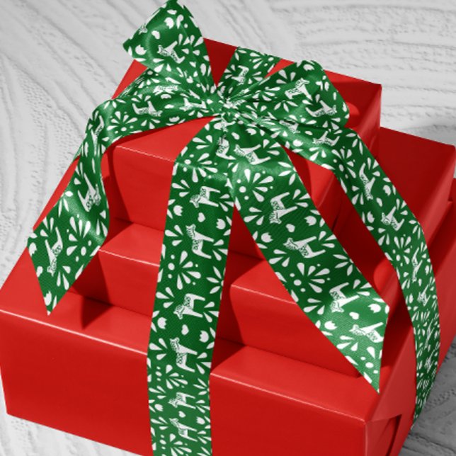 Ruban En Satin Blanc Suédois Dala Cheval Pine Vert Vacances Cadea (Scandinavian Swedish green and white Dala horse patterned ribbon)