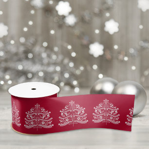 Ruban En Satin Blanc sur arbre de Noël scandinave rouge