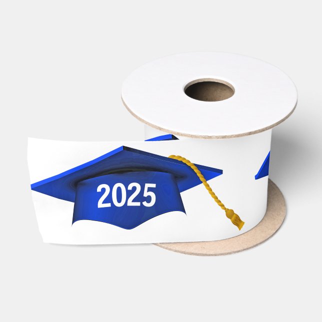 Ruban En Satin Bleu 2025 Caps de Graduation sur Blanc (Bobine)