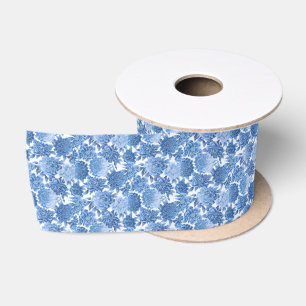 Ruban En Satin Bleu Argent Floral Motif Satin Ruban