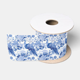 Ruban En Satin Bleu Blanc Chinoiserie Floral Paons Oiseaux