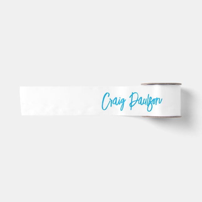 Ruban En Satin Bleu Blanc Votre Nom Calligraphie Unique Minimalis (Devant)
