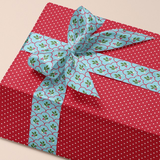 Ruban En Satin Bleu et Rouge Saint-Jacques-de-Fer Noël (Grand millennial style ribbon with ice blue with red scallops and festive Christmas holly sprigs)