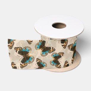 Ruban En Satin Bleu motif papillon Pansy sur blanc