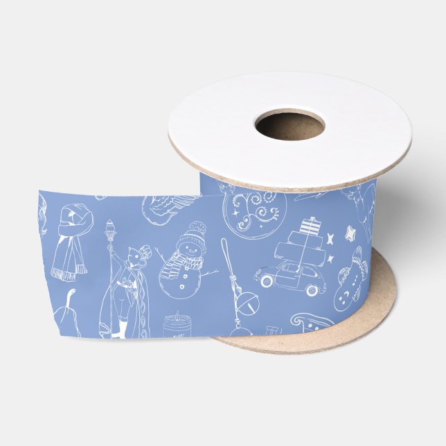 Ruban En Satin Bleu Whimsical blanc Doodle Ribbon de Noël (Bobine)