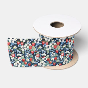 Ruban En Satin Bleuets Et Fraises Floral
