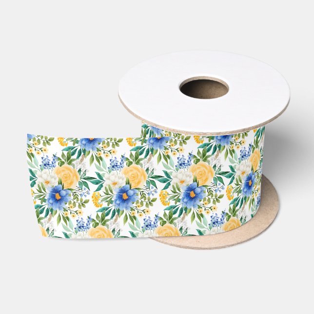 Ruban En Satin Blue and Yellow Floral  (Bobine)