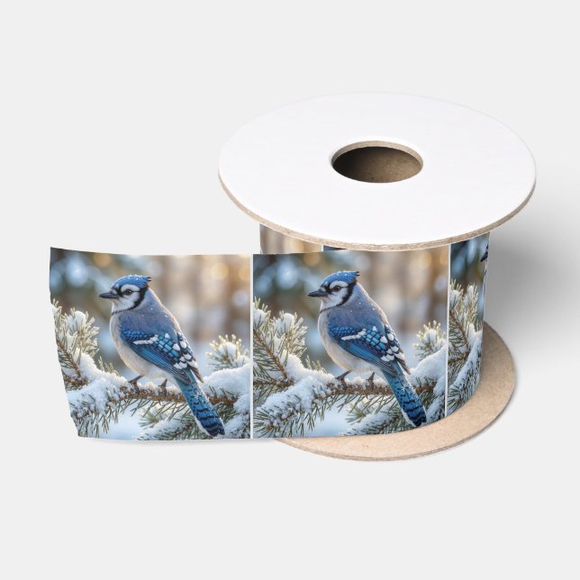 Ruban En Satin Blue Jay Perched On a Snowy Pine  (Bobine)