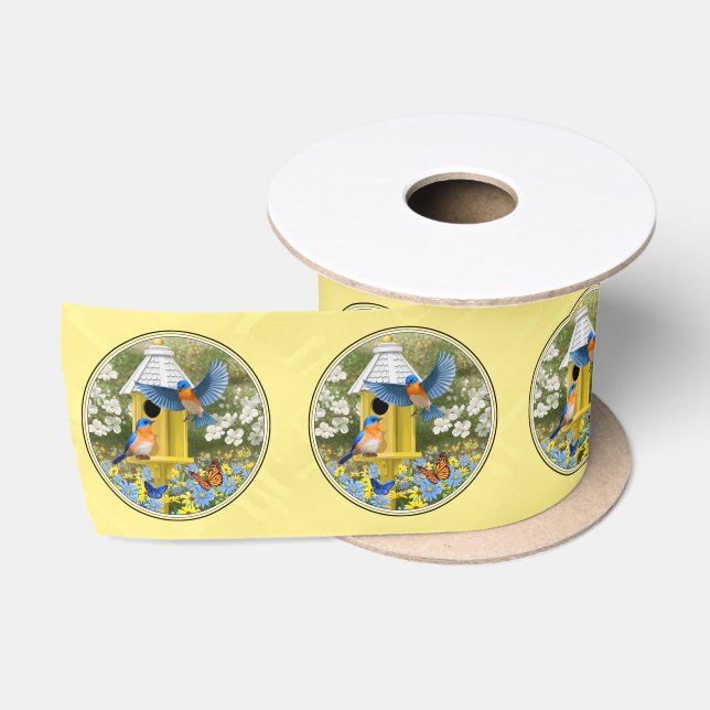 Ruban En Satin Bluebirds et Rond Birhouse Jaune (Bobine)