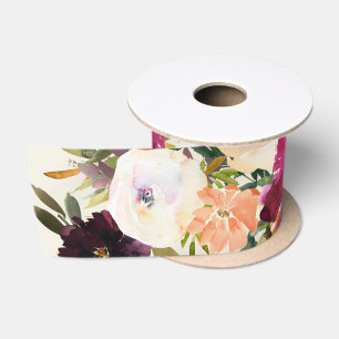 Ruban En Satin Boho Bourgogne + Pêche Aquarelle Ruban Floral