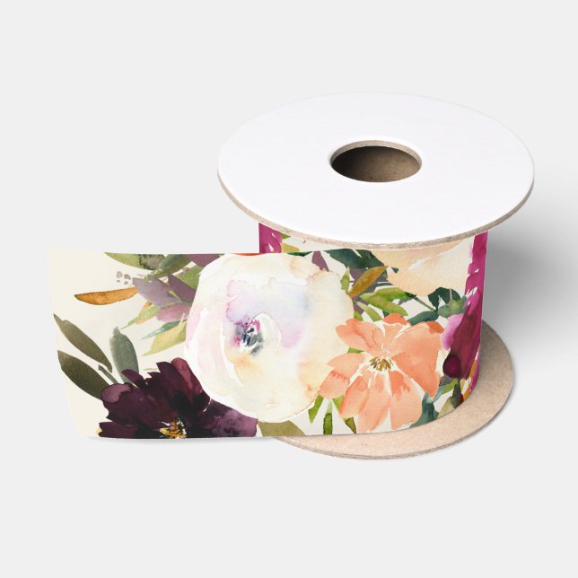 Ruban En Satin Boho Bourgogne + Pêche Aquarelle Ruban Floral (Bobine)