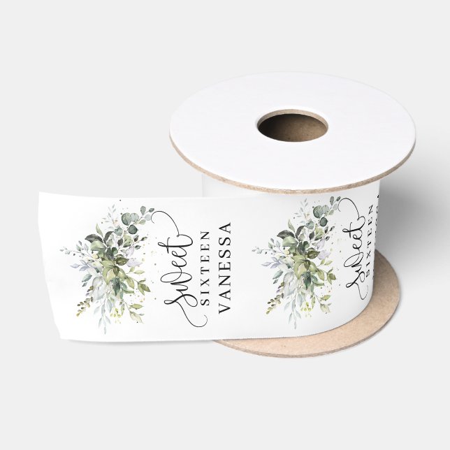Ruban En Satin Boho Eucalyptus branches verdoyantes sweet sixteen (Bobine)