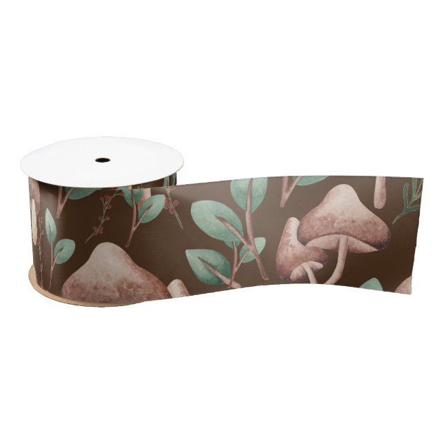 Ruban En Satin Boho Eucalyptus Forêt Champignons Brown foncé (Bobine)