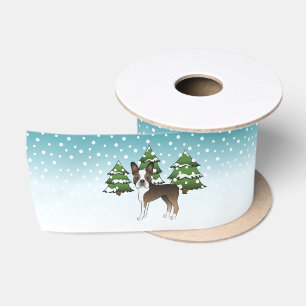 Ruban En Satin Boston Terrier bringé dans une forêt hivernale