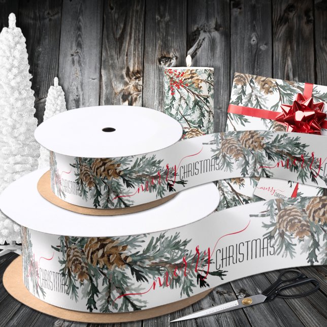 Ruban En Satin Boughs Cones Joyeux Noël (Blue Juniper Branch Boughs Cones Merry Christmas Satin Ribbon In  Two Sizes & Three Lengths)