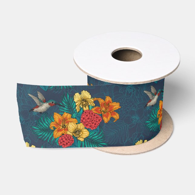 Ruban En Satin Bouquet et colibris tropicaux (Bobine)