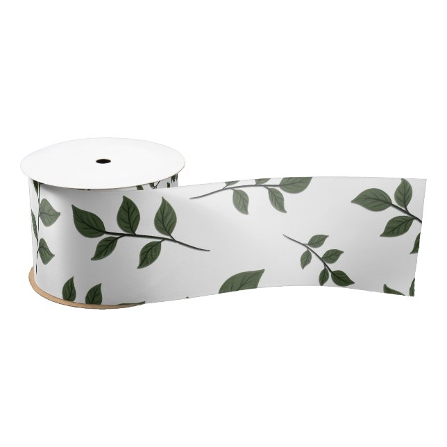 Ruban En Satin Branches de feuillage avec Feuilles verts en blanc (Bobine)