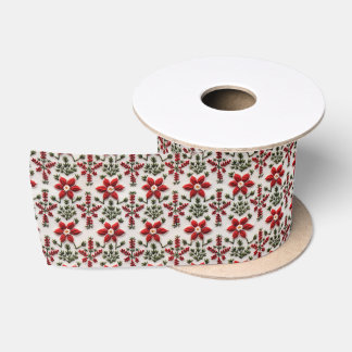 Ruban En Satin Broderie florale rouge et blanche