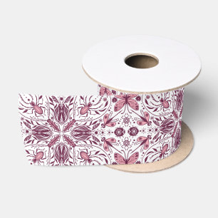 Ruban En Satin Buissons, magenta foncé et rose sur blanc