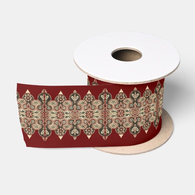 Ruban En Satin Burgundy et crème Ethnic motif Satin Ribbon (Bobine)